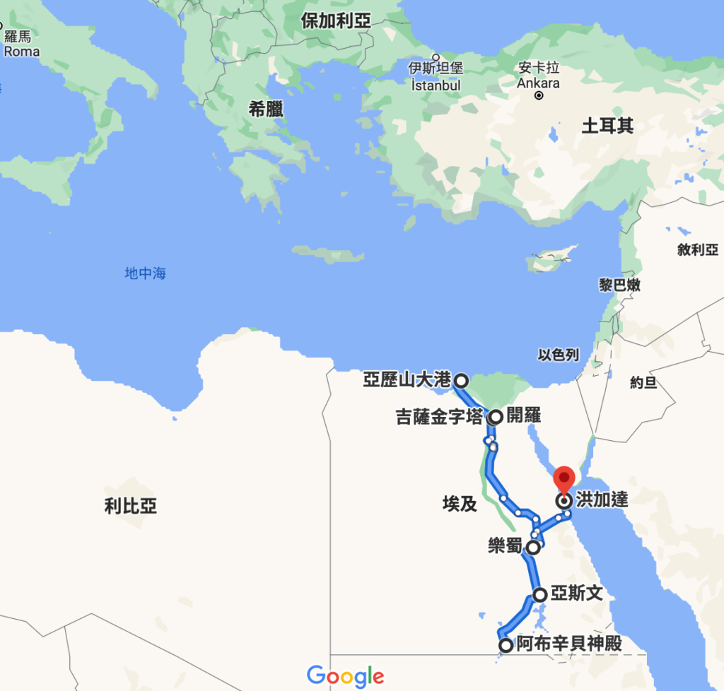 埃及沿著尼羅河由北到南的各大景點，google中文音譯有點怪，「樂蜀」指的就是「路克索」。