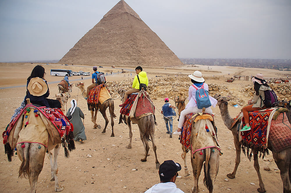 大家的背影與卡夫拉金字塔，我們的遊覽車在前方等我們了！藍白色的那台。