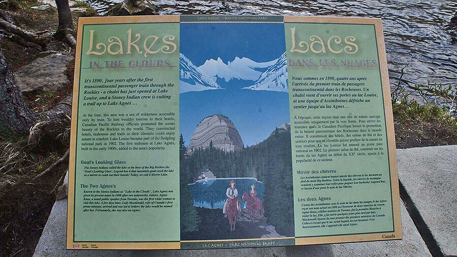 Mirror Lake 與 Lake Agnes的說明板，雲中之湖。