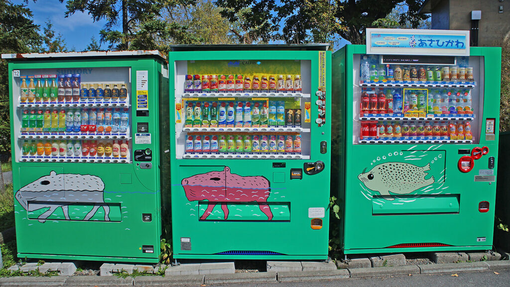 超可愛的自動販賣機插圖，是水豚跟海豹，旭山動物園。
