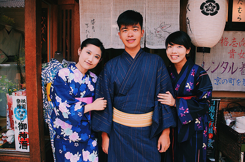 染匠門口的擺拍，微貓跟學弟還有學妹，京都逛街三人組。