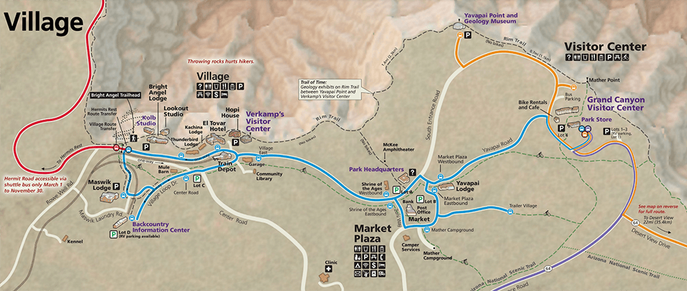 大峽谷南緣地圖與公車路線圖。